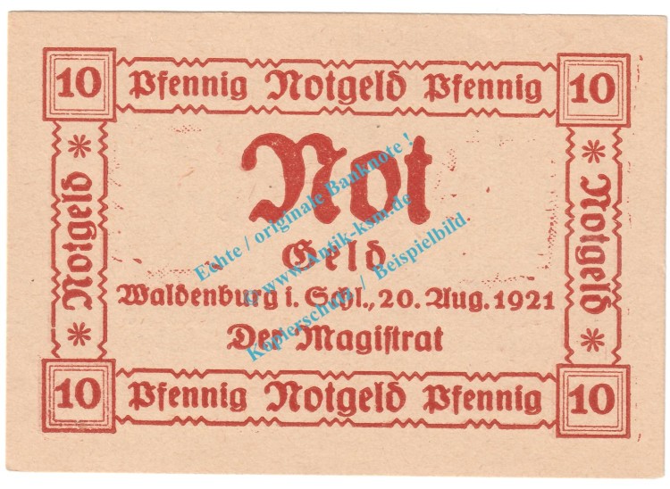 Waldenburg , Notgeld 10 Pfennig Schein -sämisch- in kfr. M-G 1371.16.c , Schlesien 1921 Seriennotgeld
