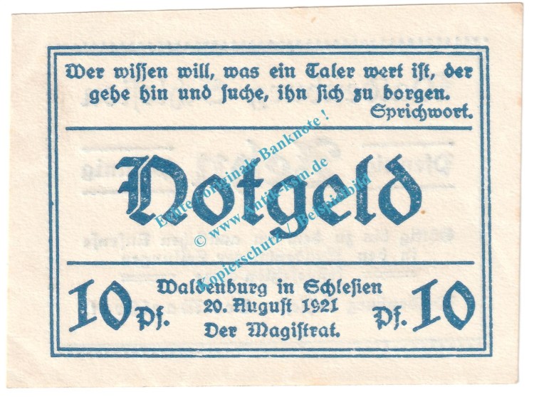 Waldenburg , Notgeld 10 Pfennig Schein Nr.10 in kfr. M-G 1371.19 , Schlesien 1921 Seriennotgeld