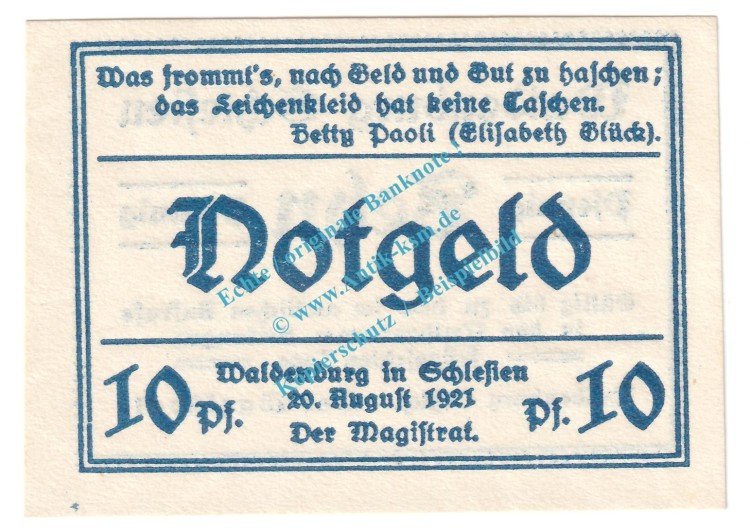 Waldenburg , Notgeld 10 Pfennig Schein Nr.8 in kfr. M-G 1371.19 , Schlesien 1921 Seriennotgeld