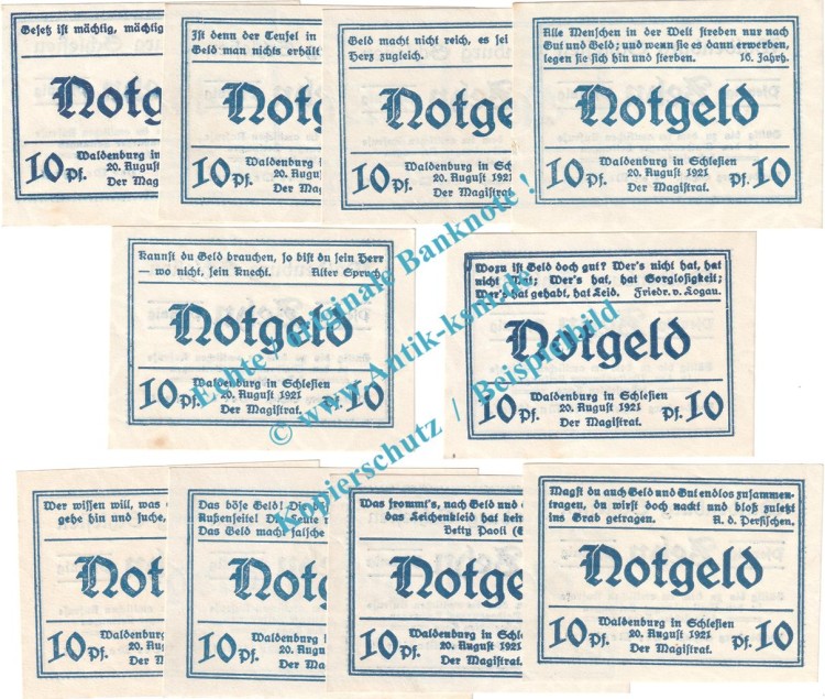 Waldenburg , Notgeld Set mit 10 Scheinen in kfr. M-G 1371.19 , Schlesien 1921 Seriennotgeld