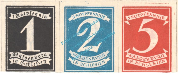 Waldenburg , Notgeld Streifen mit 3 Scheinen in kfr. M-G 1371.11 , Schlesien o.D. Seriennotgeld