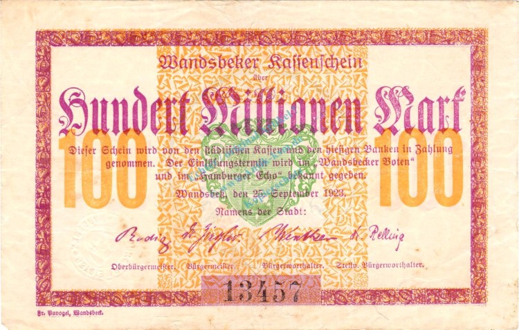 Wandsbek , Banknote 100 Millionen Mark Schein gbr. Keller 5448.c , Schleswig 1923 InflationWandsbek , Banknote 100 Millionen Mark Schein gbr. Keller 5448.c , Schleswig 1923 Inflation