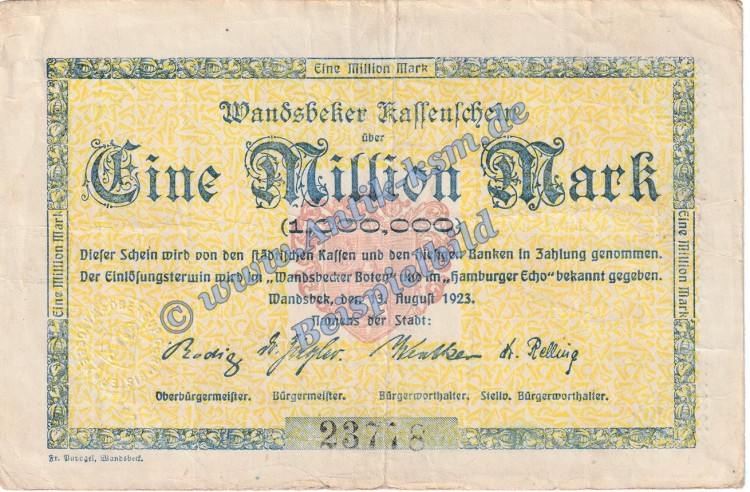 Wandsbek , Banknote 1 Million Mark Schein in gbr. Keller 5448 Grossnotgeld 1923 Inflation Schleswig Holstein