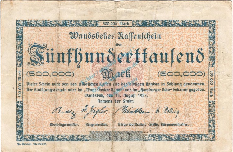Wandsbek , Banknote 500.000 Mark Schein gbr. Keller 5448.a , Schleswig 1923 Inflation