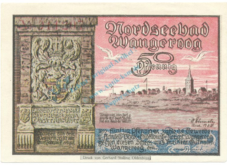Wangeroog , Notgeld 50 Pfennig Schein unc-kfr. M-G 1375.1 , SH o.D. Seriennotgeld -5728-