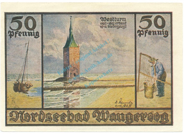 Wangeroog , Notgeld 50 Pfennig Schein unc-kfr. M-G 1375.1 , NDS o.D. Seriennotgeld -5728-