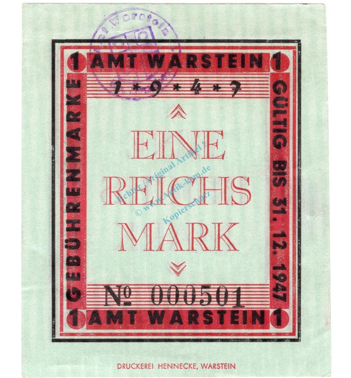 Warstein Amt , Notgeld 1 Reichsmark --Stpl-- unc-kfr. Topp 875.4.b , Westfalen o.D. Notgeld 1945-48