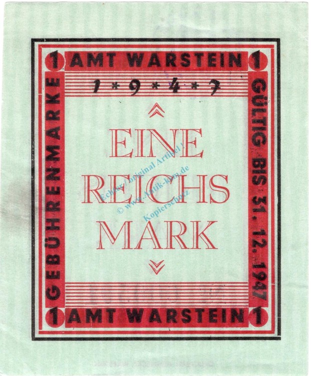 Warstein Amt , Notgeld 1 Reichsmark --Stpl-- unc-kfr. Topp 875.4.b , Westfalen o.D. Notgeld 1945-48