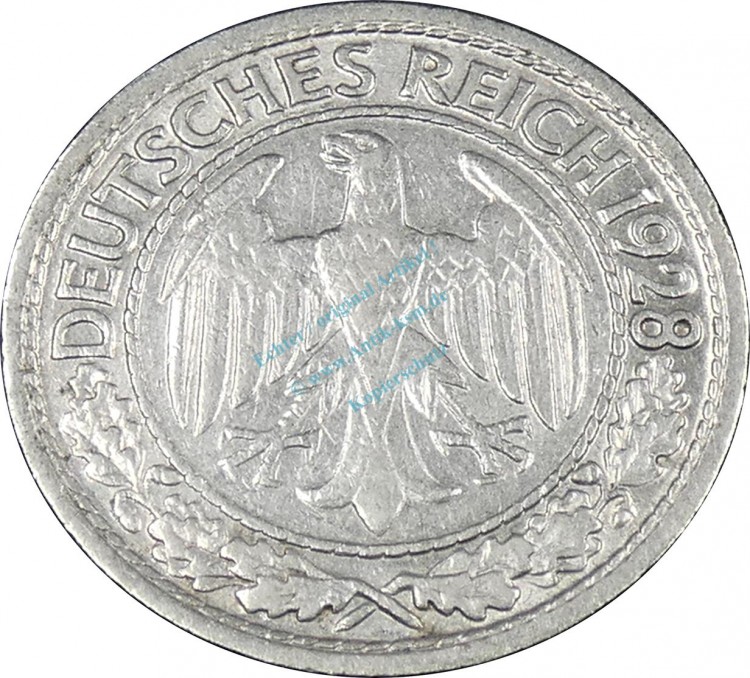 Weimarer Republik , 50 Pfennig Münze 1928 F , ss-vz -0628-