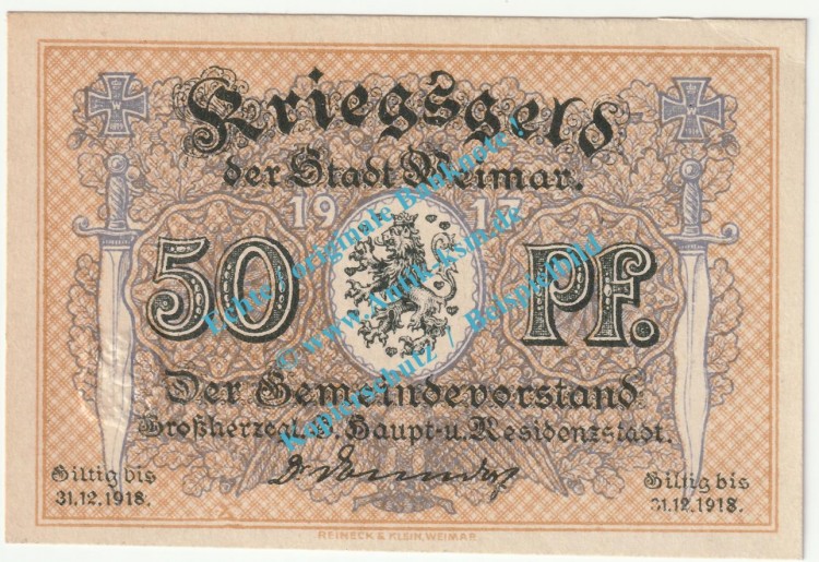 Weimar , Notgeld 50 Pfennig Schein in kfr. Tieste 7775.15.10 , Thüringen 1917 Verkehrsausgabe
