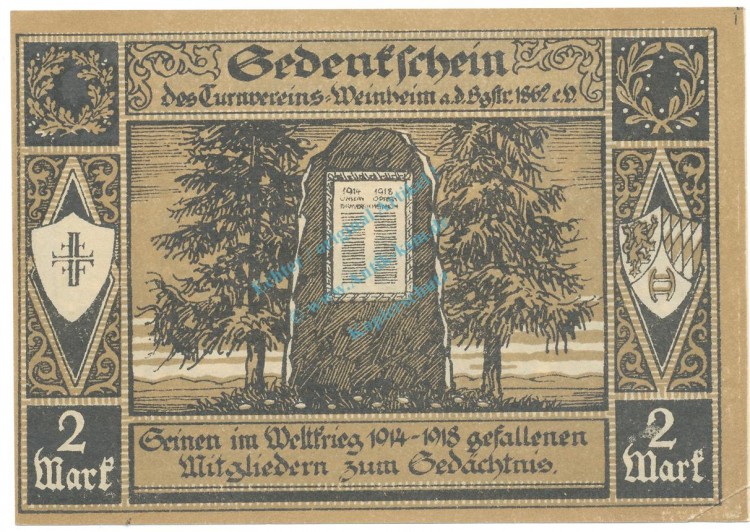 Weinheim , Notgeld 2 Mark Schein Nr.1 unc-kfr. M-G 1402.1 , BaWü o.d. Seriennotgeld -5760-