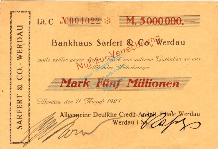 Werdau , Banknote 5 Millionen Mark Scheck gbr. Keller 5546 , Sachsen 1923 Inflation
