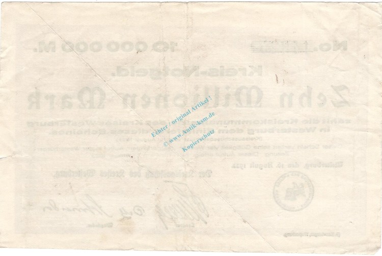 Westerburg , Banknote 10 Millionen Mark Schein in gbr. Keller 5579.a , Hessen 1923 Inflation