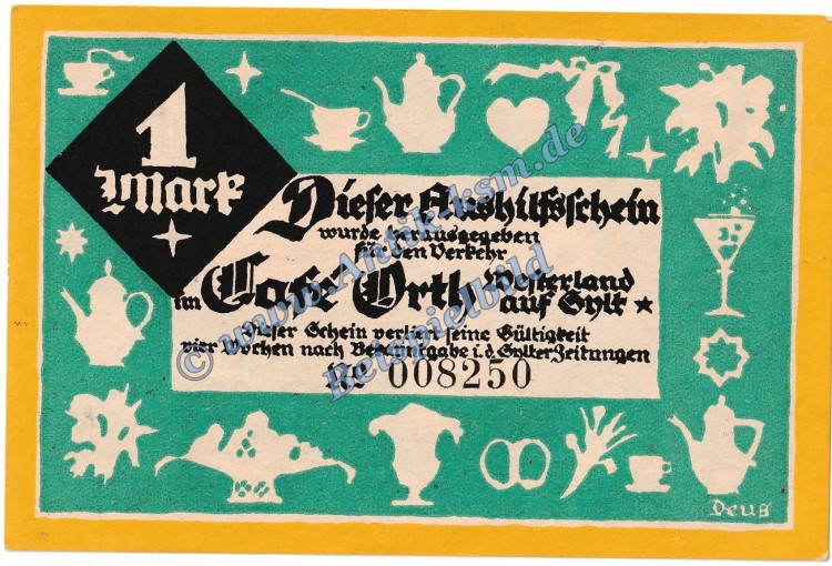 Westerland M-G 1416.1.a , Notgeld 1 Mark Schein in kfr. o.D. Schleswig Holstein Seriennotgeld