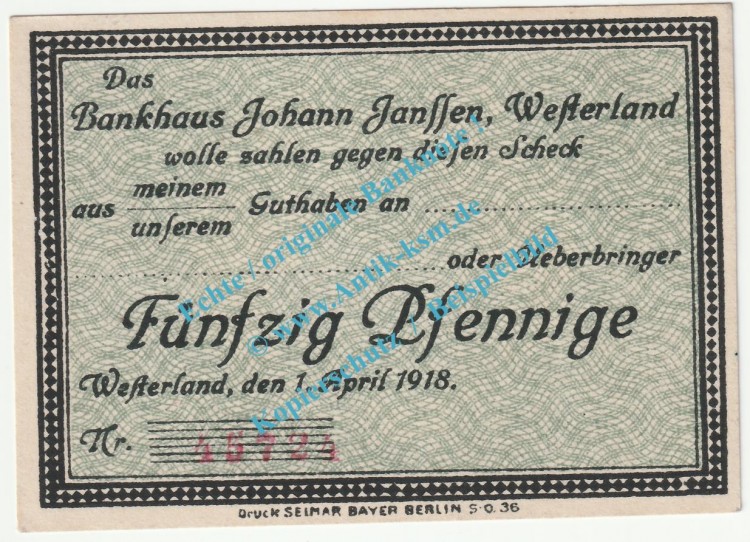 Westerland , Notgeld 50 Pfennig Schein in kfr. Tieste 7860.110.15 , Schleswig 1918 Verkehrsausgabe