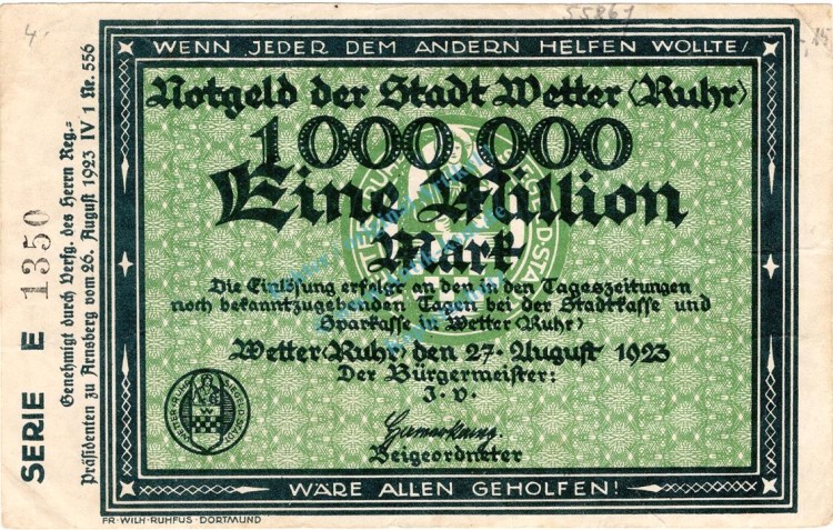 Wetter , Banknote 1 Million Mark Schein gbr. Keller 5586.f , Westfalen 1923 Inflation