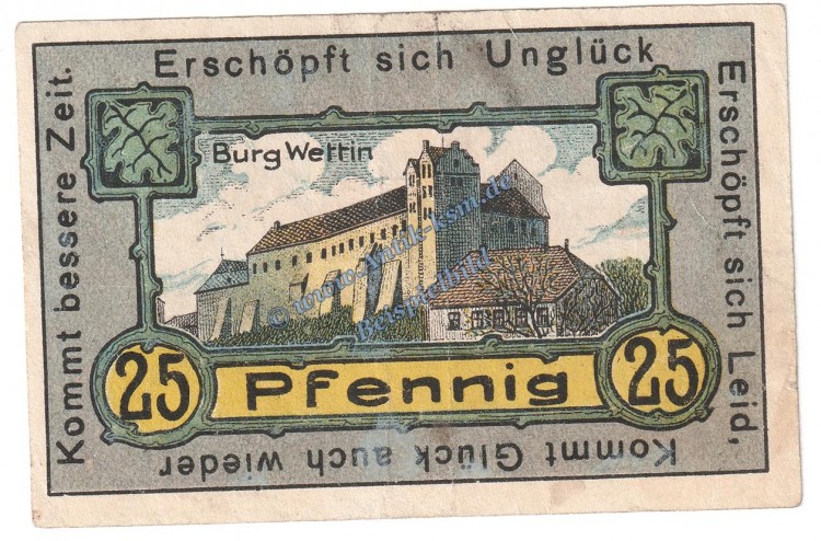 Wettin , Notgeld 25 Pfennig Schein in gbr. M-G 1421.2 , Sachsen Anhalt 1921 Seriennotgeld