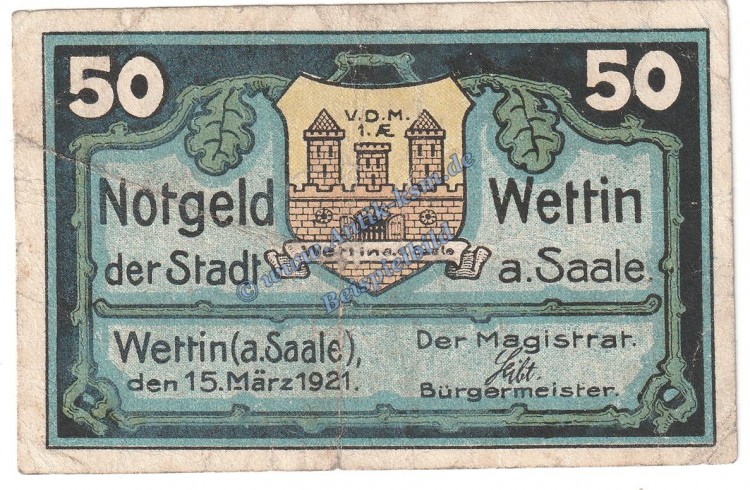 Wettin , Notgeld 50 Pfennig Schein in gbr. M-G 1421.2 , Sachsen Anhalt 1921 Seriennotgeld