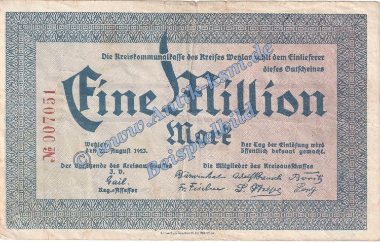 Wetzlar , Banknote 1 Million Mark Schein in gbr. Keller 5598.a Grossnotgeld 1923 Inflation Rheinland