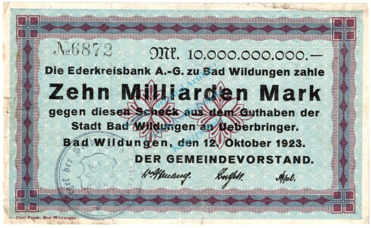 Wildungen , Banknote 10 Milliarden Mark Schein gbr. Keller 5624.f , Waldeck 1923 Inflation