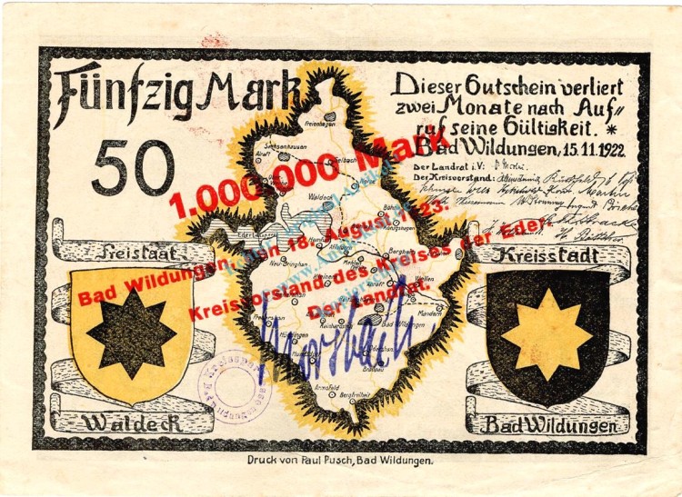 Wildungen , Banknote 1 Million Mark gbr. Müller 5015.W1 , Hessen 1923 Inflation
