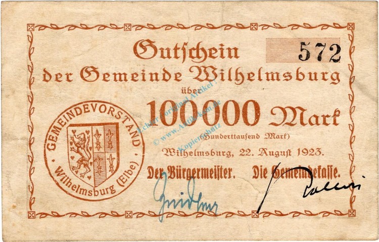 Wilhelmsburg , Banknote 100.000 Mark Schein in gbr. Keller 5626.a , Niedersachsen 1923 Inflation