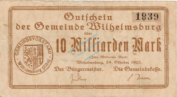 Wilhelmsburg , Banknote 10 Milliarden Mark Schein in gbr. Keller 5626.b , Niedersachsen 1923 Inflation