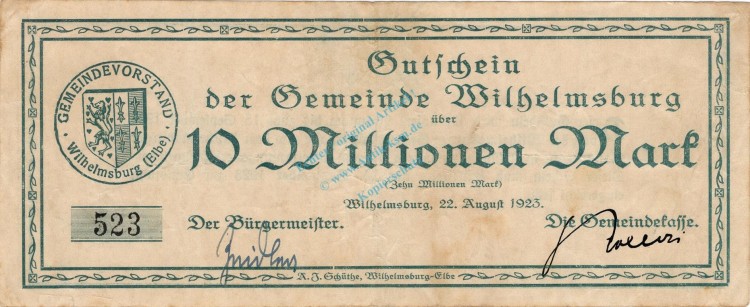 Wilhelmsburg , Banknote 10 Millionen Mark Schein in gbr. Keller 5626.a , Niedersachsen 1923 Inflation