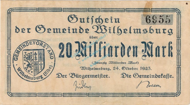 Wilhelmsburg , Banknote 20 Milliarden Mark Schein in gbr. Keller 5626.b , Niedersachsen 1923 Inflation