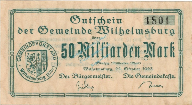 Wilhelmsburg , Banknote 50 Milliarden Mark Schein unc-kfr. Keller 5626.b , Niedersachsen 1923 Inflation