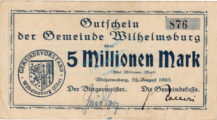 Wilhelmsburg , Banknote 5 Millionen Mark Schein in gbr. Keller 5626.a , Niedersachsen 1923 Inflation