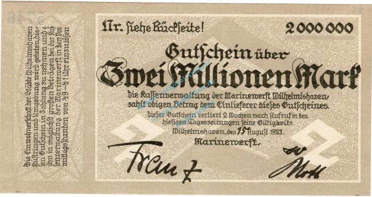 Wilhelmshaven , Banknote 2 Millionen Mark Schein unc-kfr. Keller 5629.a , Niedersachsen 1923 Inflation