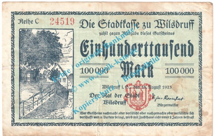 Wilsdruff , Notgeld 100.000 Mark Schein in gbr. Keller 5637.a , Sachsen 1923 Grossnotgeld Inflation