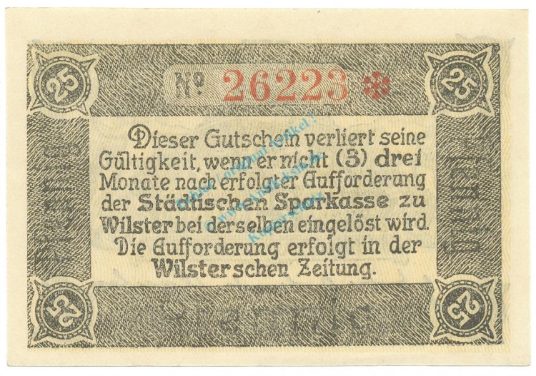 Wilster , Notgeld 25 Pfennig --WZ-- unc-kfr. Ti.7960.05.10 SH o.D. Verkehrsausgabe -0348-