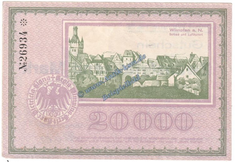 Wimpfen a.N. Banknote 20.000 Mark Schein in kfr. Keller 5642.a , Hessen 1923 Grossnotgeld - Inflation