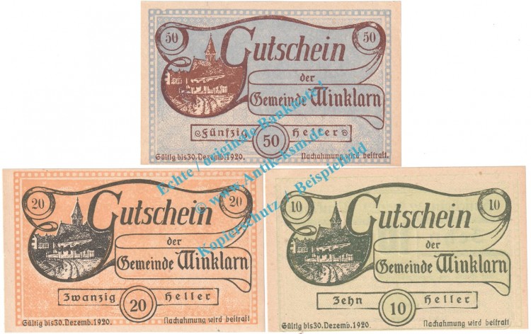 Winklarn , Notgeld Set mit 3 Scheinen in kfr. K-K 1246.I... Niederösterreich 1920