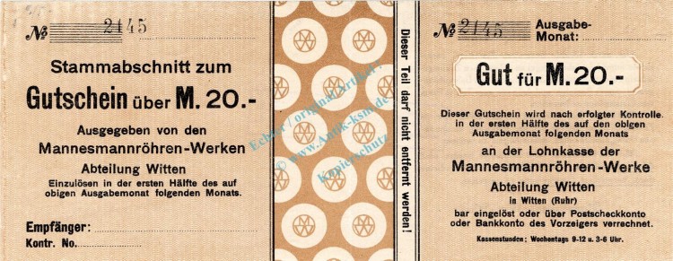 Witten , Banknote 20 Mark Schein unc-kfr.E Geiger 563.03 , Westfalen o.D. Grossnotgeld