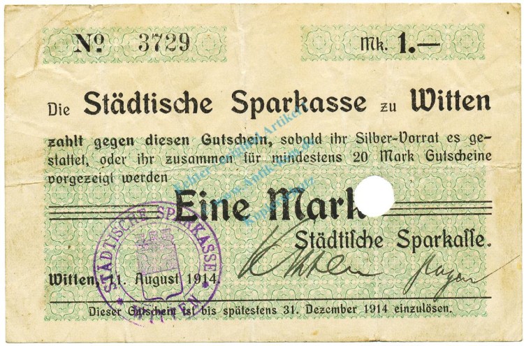 Witten , Notgeld 1 Mark Schein gbr.E Diessner 435.7.a , Westfalen 1914 Notgeld 1914-15
