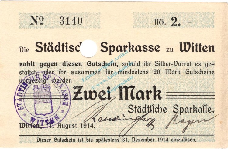 Witten , Notgeld 2 Mark Schein unc-kfr.E Diessner 435.9.a , Westfalen 1914 Notgeld 1914-15