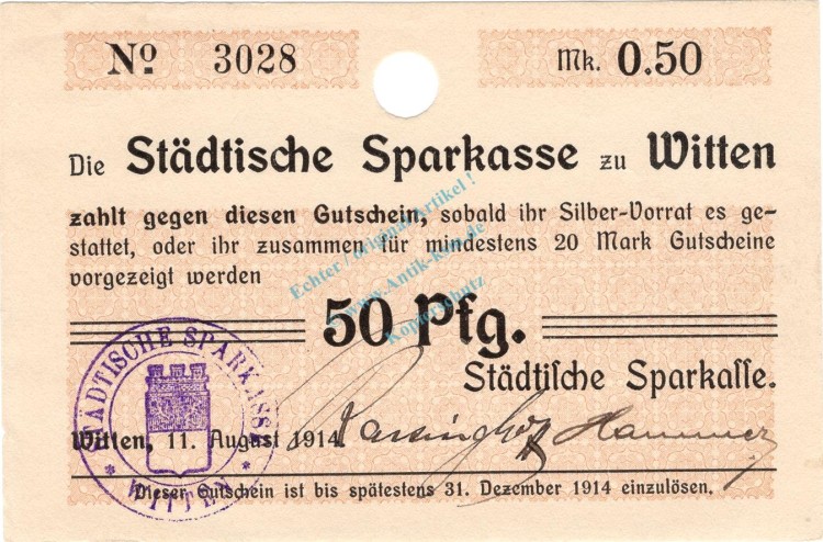 Witten , Notgeld 50 Pfennig Schein unc-kfr.E Diessner 435.6.a , Westfalen 1914 Notgeld 1914-15