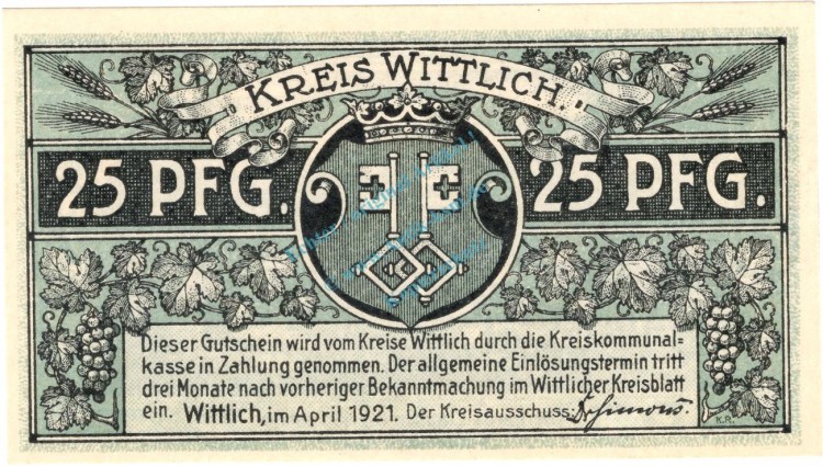 Wittlich , Notgeld 25 Pfennig -blau- unc-kfr. Ti.8030.10.25 , Rheinland 1921 Verkehrsausgabe