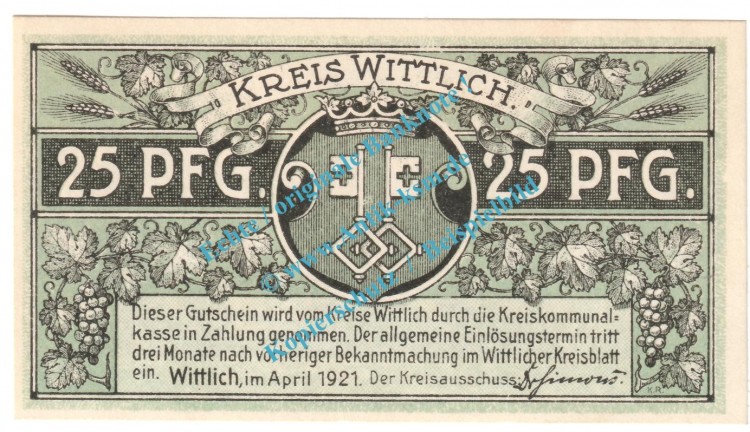 Wittlich , Notgeld 25 Pfennig -grün- in kfr. Tieste 8030.10.20 , Rheinland 1921 Verkehrsausgabe