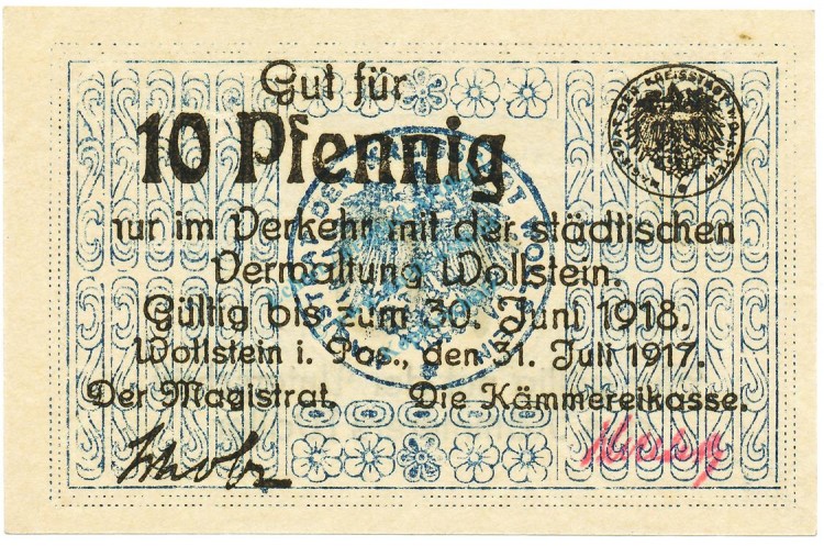 Wollstein , Notgeld 10 Pfennig Schein unc-kfr. Ti.8090.05.15 , Posen 1917 Verkehrsausgabe