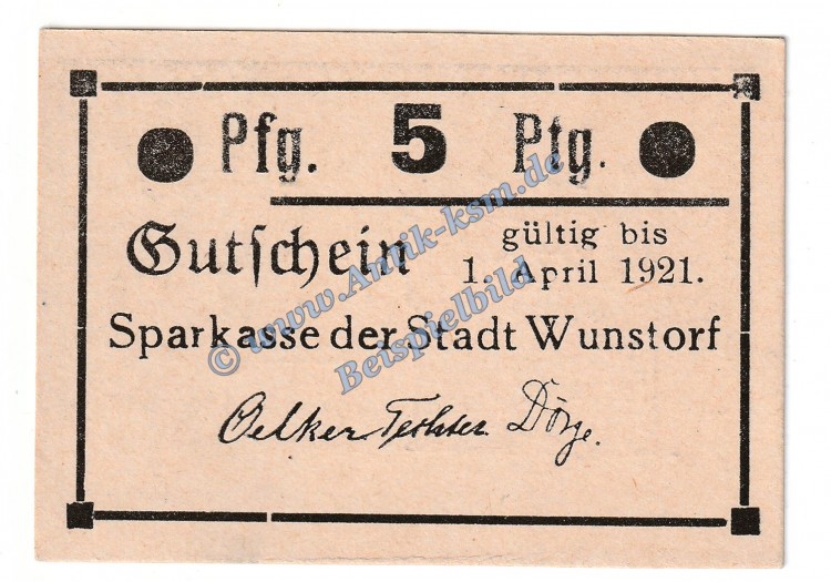Wunstorf , Notgeld 5 Pfennig Schein -44 mm- in kfr. Tieste 8145.15.01 , Niedersachsen o.D. Verkehrsausgabe