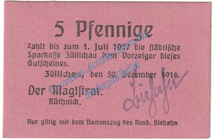 Züllichau , Notgeld 5 Pfennig Schein in kfr. Tieste 8280.10.01 , Brandenburg 1916 Verkehrsausgabe