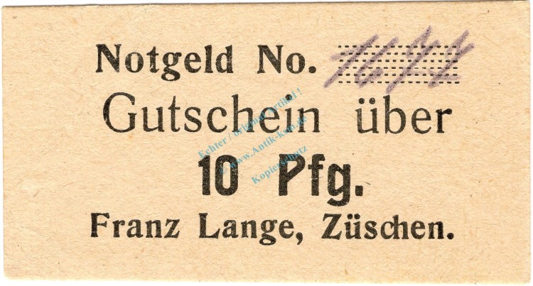 Züschen , Notgeld 10 Pfennig Schein unc-kfr. Ti.8285.15.15 , Westfalen o.D. Verkehrsausgabe