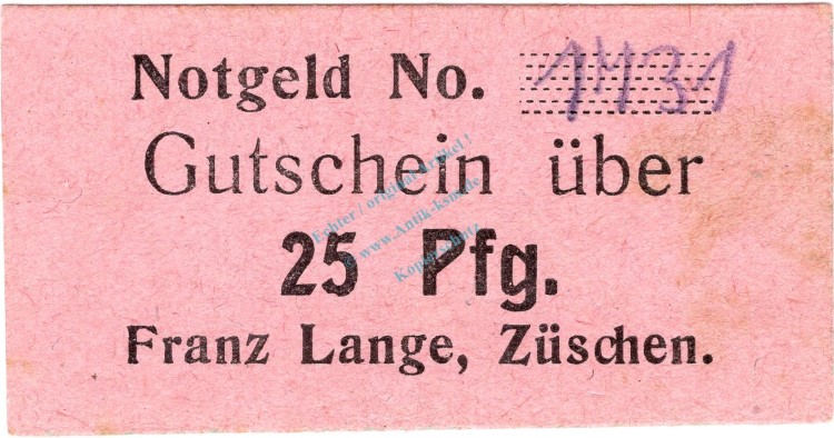 Züschen , Notgeld 25 Pfennig Schein unc-kfr. Ti.8285.15.16 , Westfalen o.D. Verkehrsausgabe
