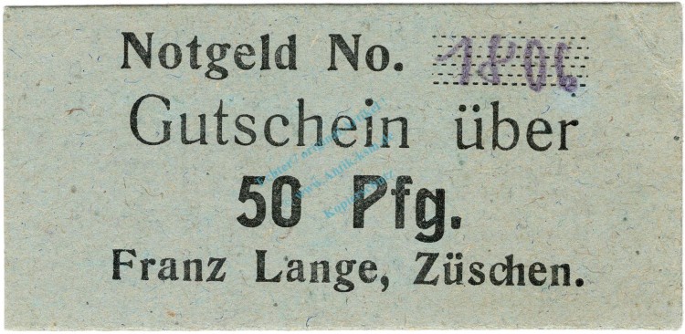 Züschen , Notgeld 50 Pfennig Schein unc-kfr. Ti.8285.15.17 , Westfalen o.D. Verkehrsausgabe