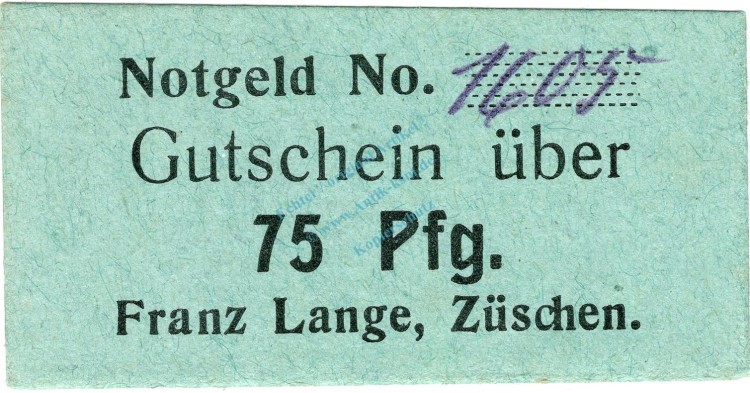Züschen , Notgeld 75 Pfennig Schein unc-kfr. Ti.8285.15.18 , Westfalen o.D. Verkehrsausgabe
