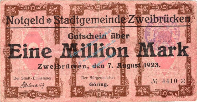 Zweibrücken , Banknote 1 Million Mark Schein gbr. Geiger 582.W.5 , Pfalz 1923 Inflation